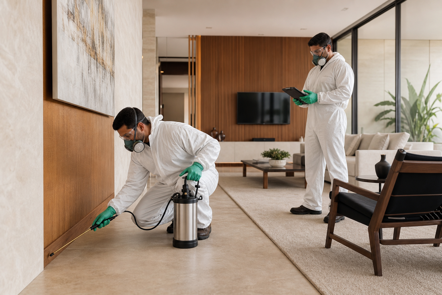 Equipe técnica realizando dedetização em uma residência de alto padrão